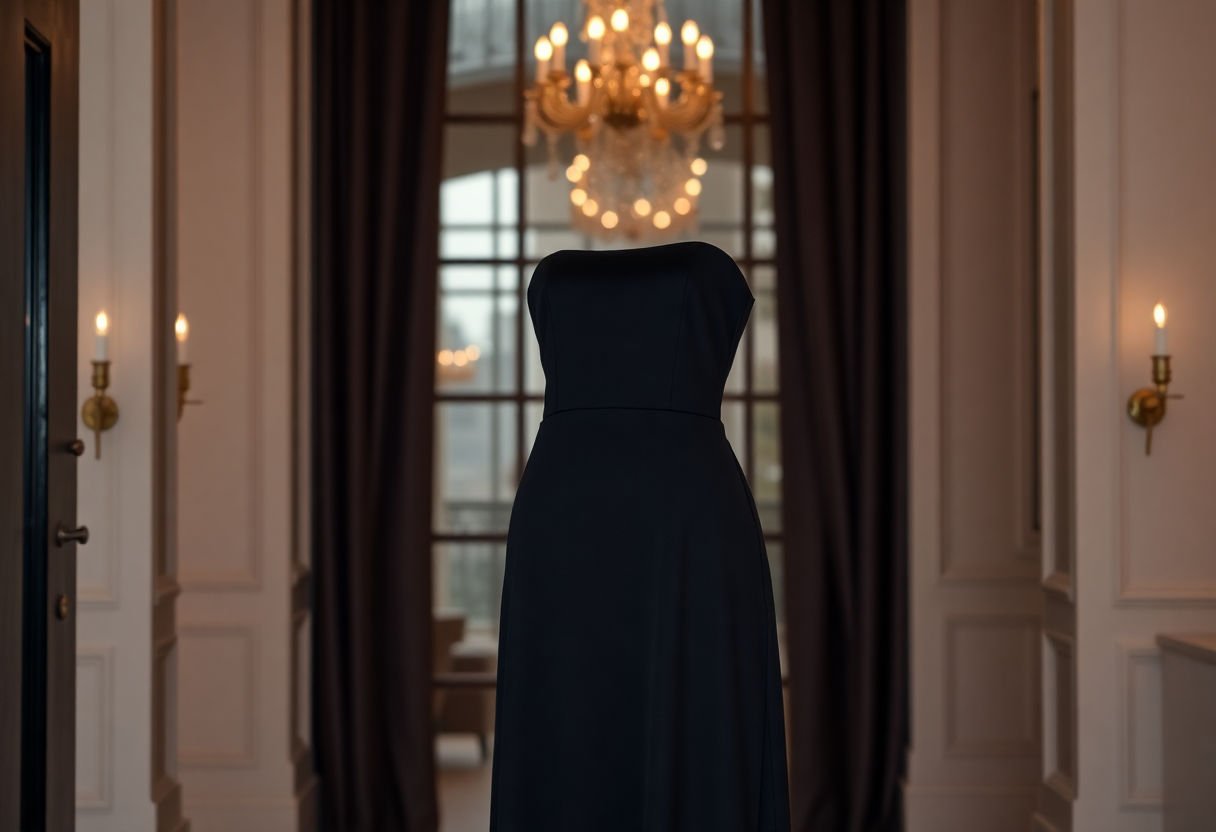 Classic black cocktail dress against a backdrop of elegance