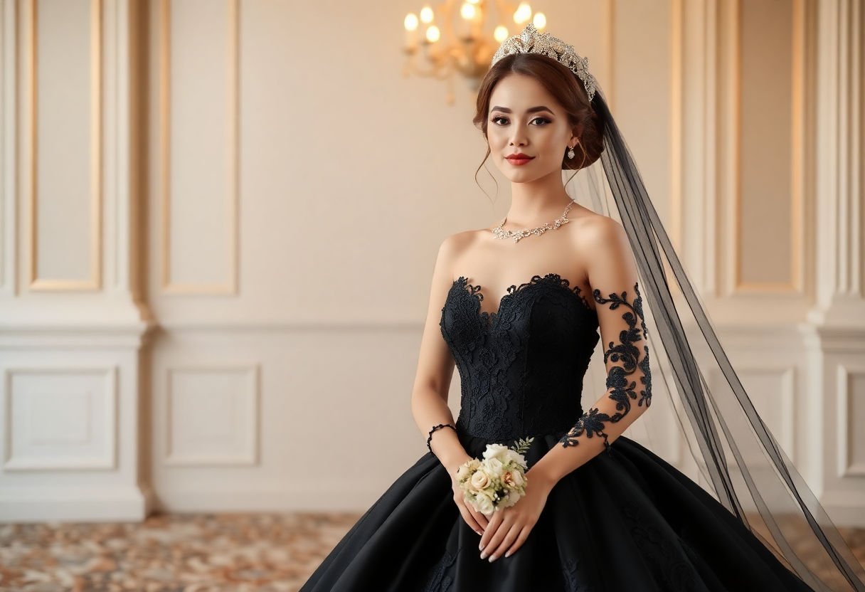 Bride wearing an elegant black wedding dress.