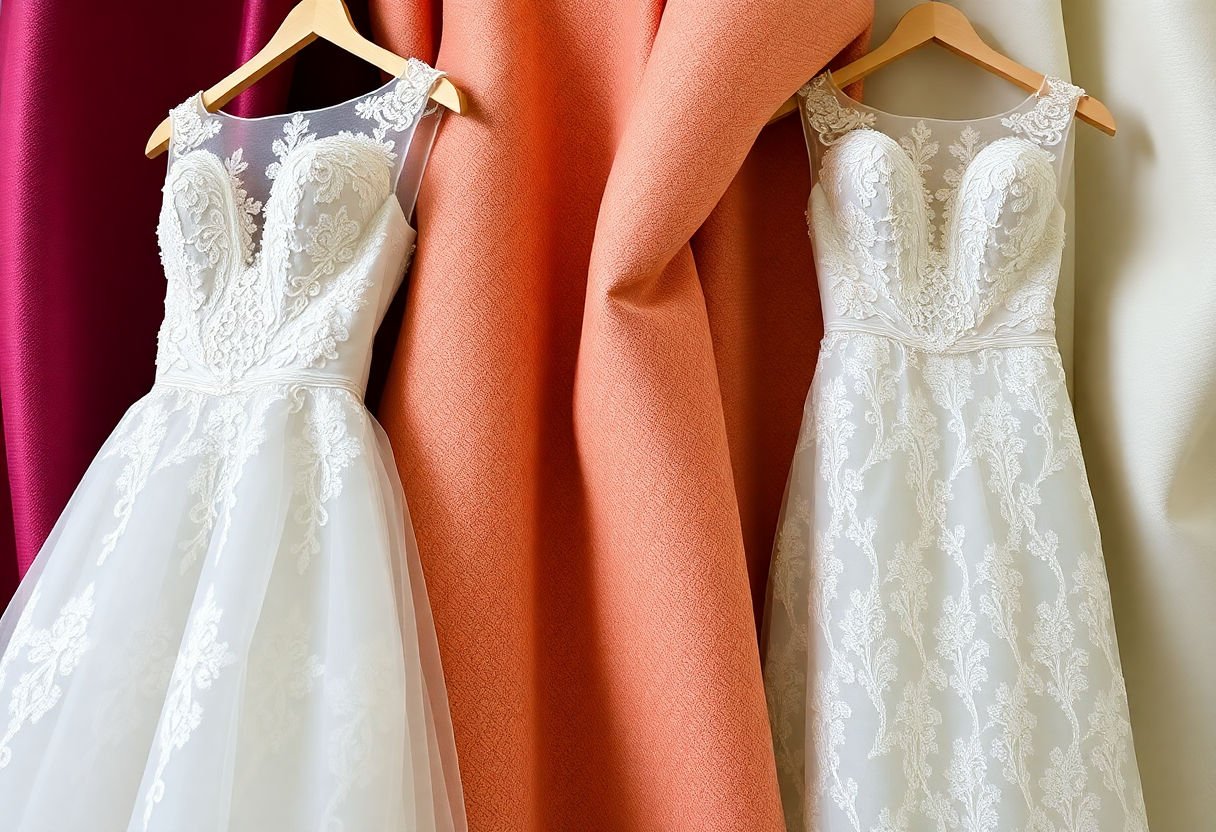 Textured fabrics used in wedding dresses.