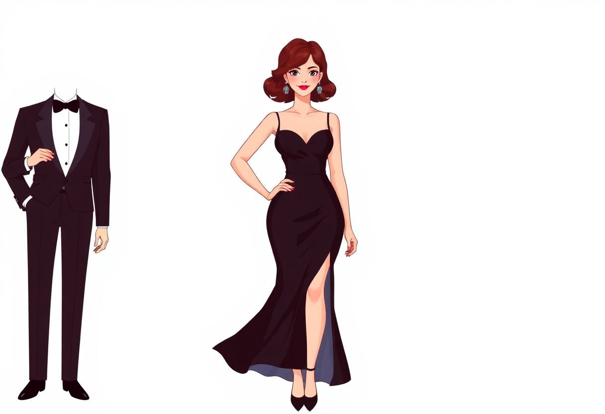 Illustration of black tie dress code for women