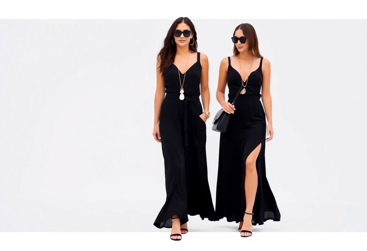 Styled black maxi dresses with accessories