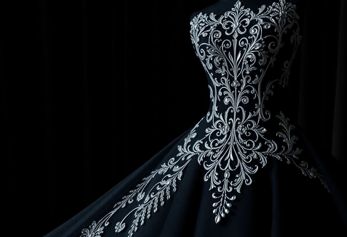Design intricacies of a black wedding dress.