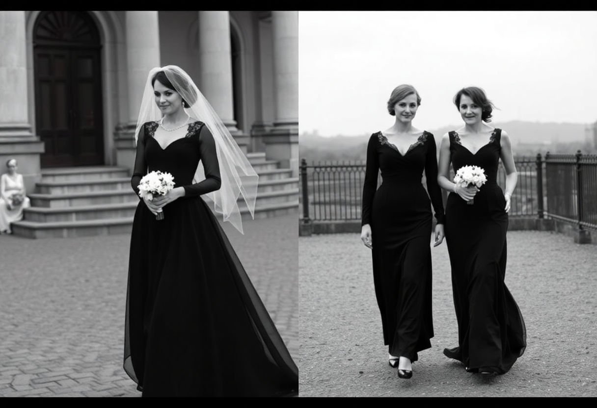 Historic photos of brides in black dresses.