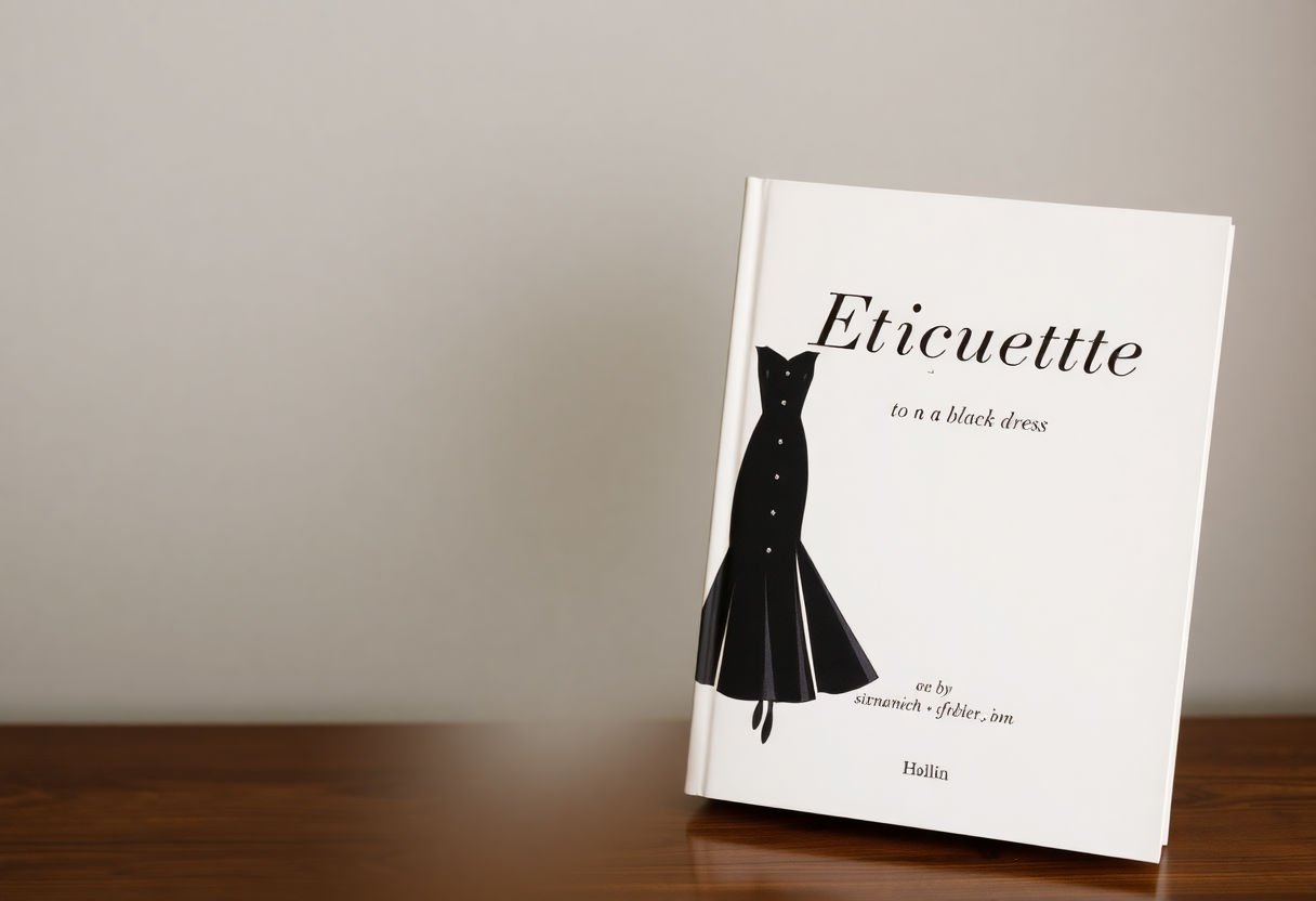 Etiquette book next to a black dress