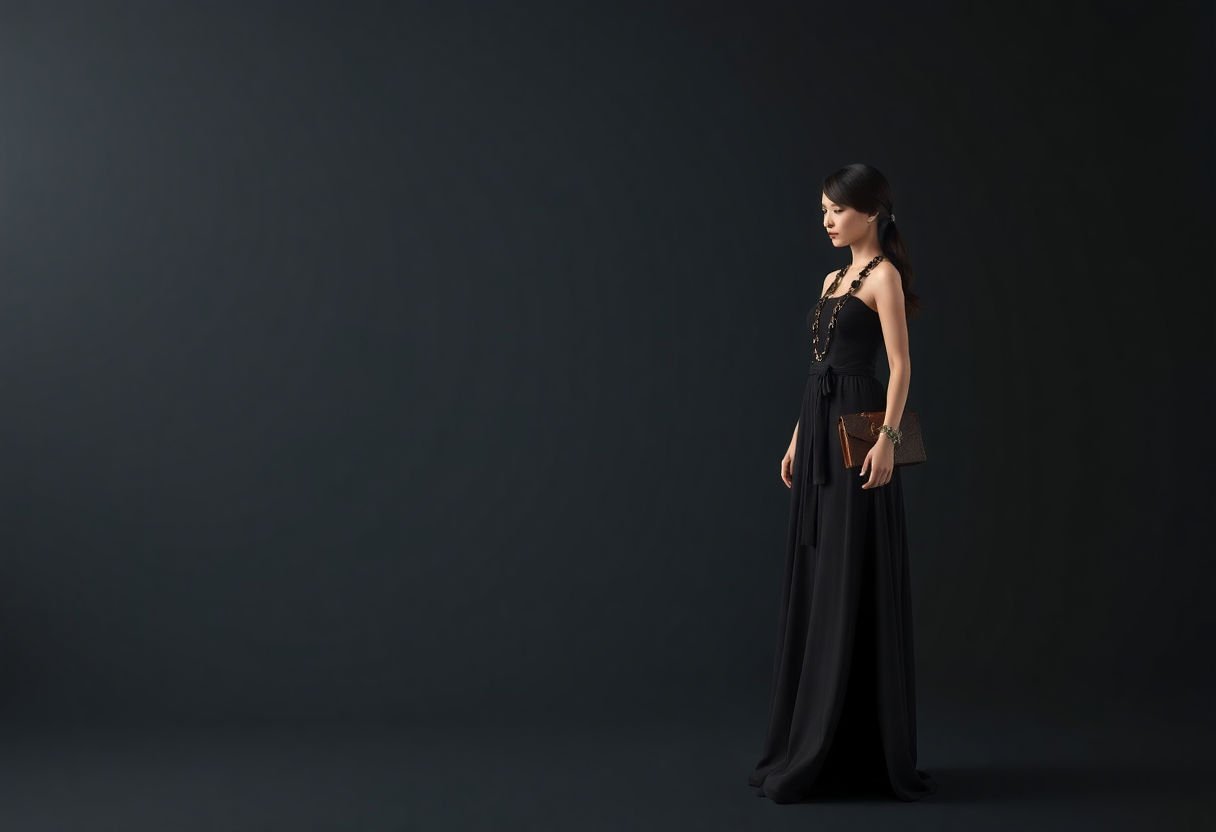 Long black dress with accessories.