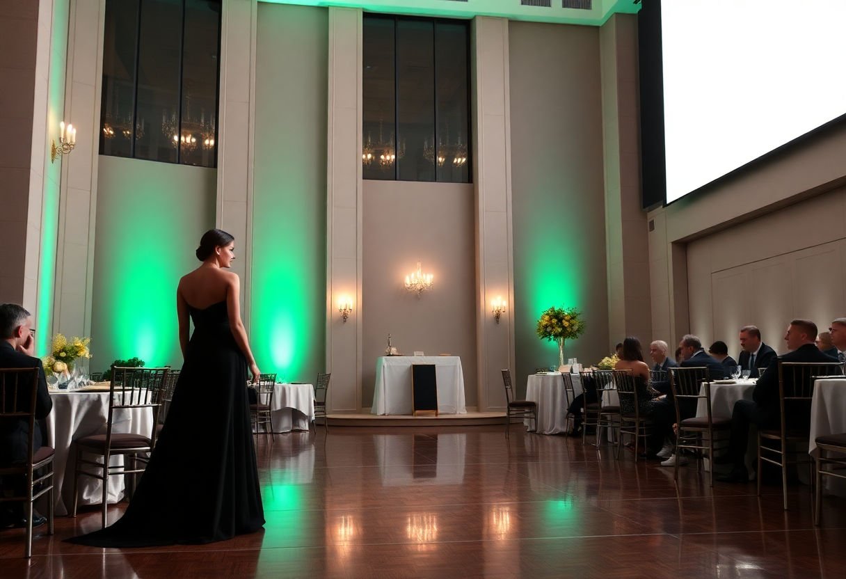 Formal setting with a long black dress.