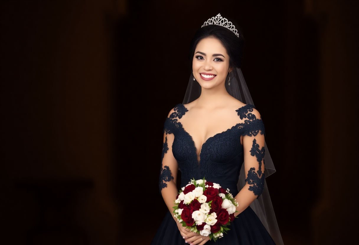 Bride in black dress smiling